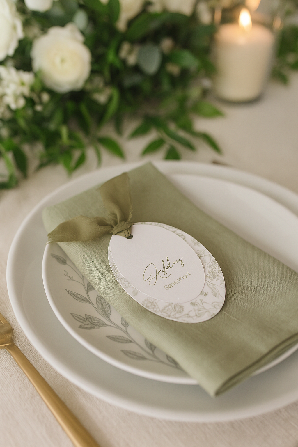 Sage Green and White Botanical Wedding Place Cards