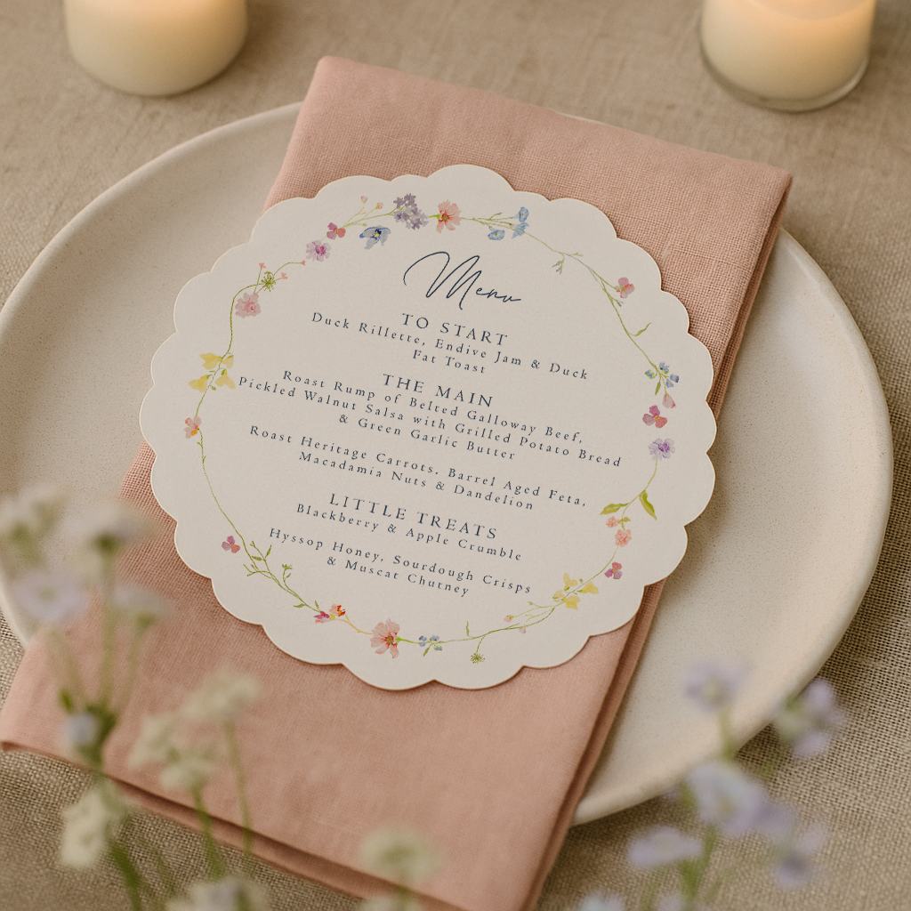 Meadow Die Cut Floral Wreath Menu