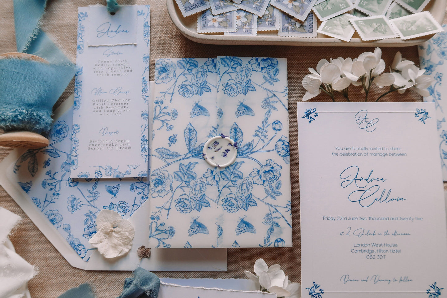 Blue French Toile Vellum Jacket Wrap