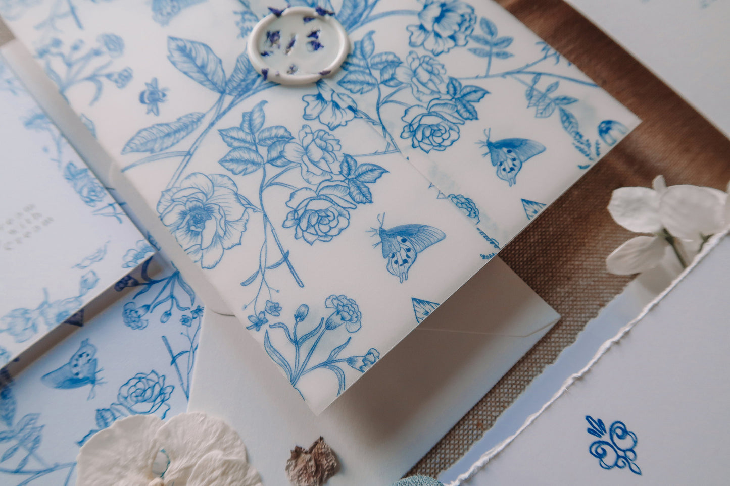 Blue French Toile Vellum Jacket Wrap