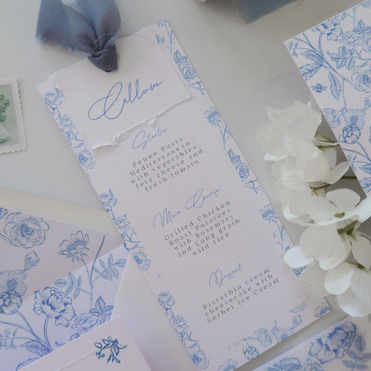 Blue French Toile Wedding Menu