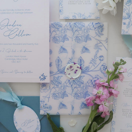 Blue French Toile Vellum Jacket Wrap