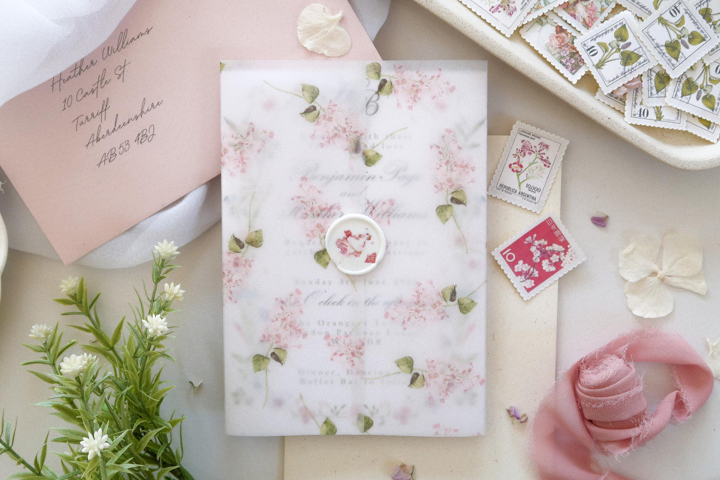 Pink Wildflower Wedding Vellum Jacket Wrap