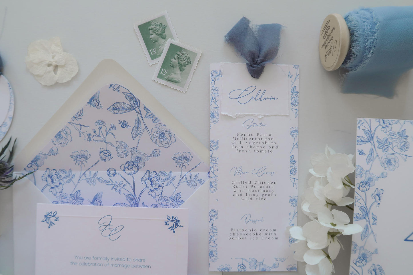 Blue French Toile Wedding Menu