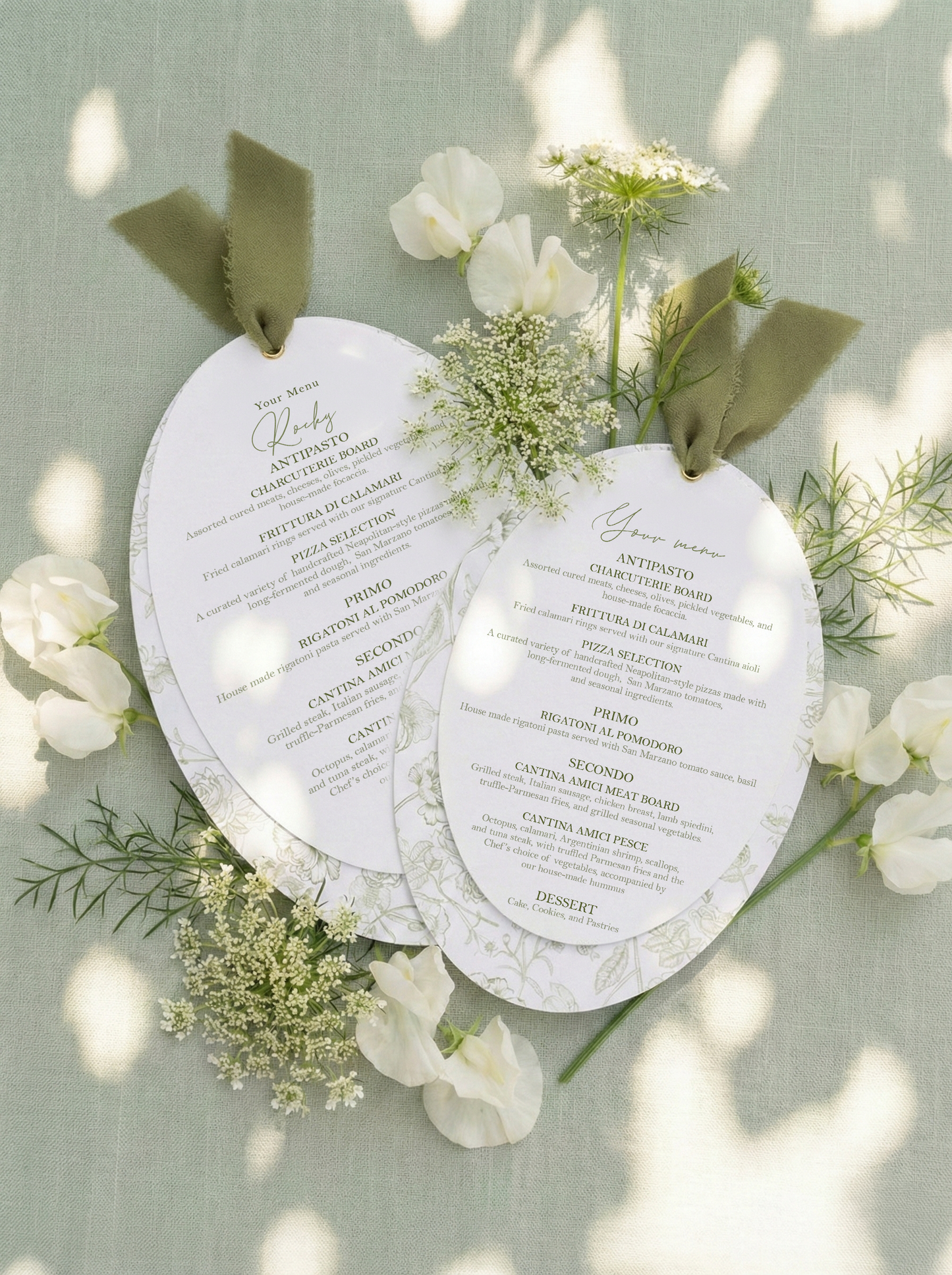 Moss Green Chiffon Oval Botanical Menu
