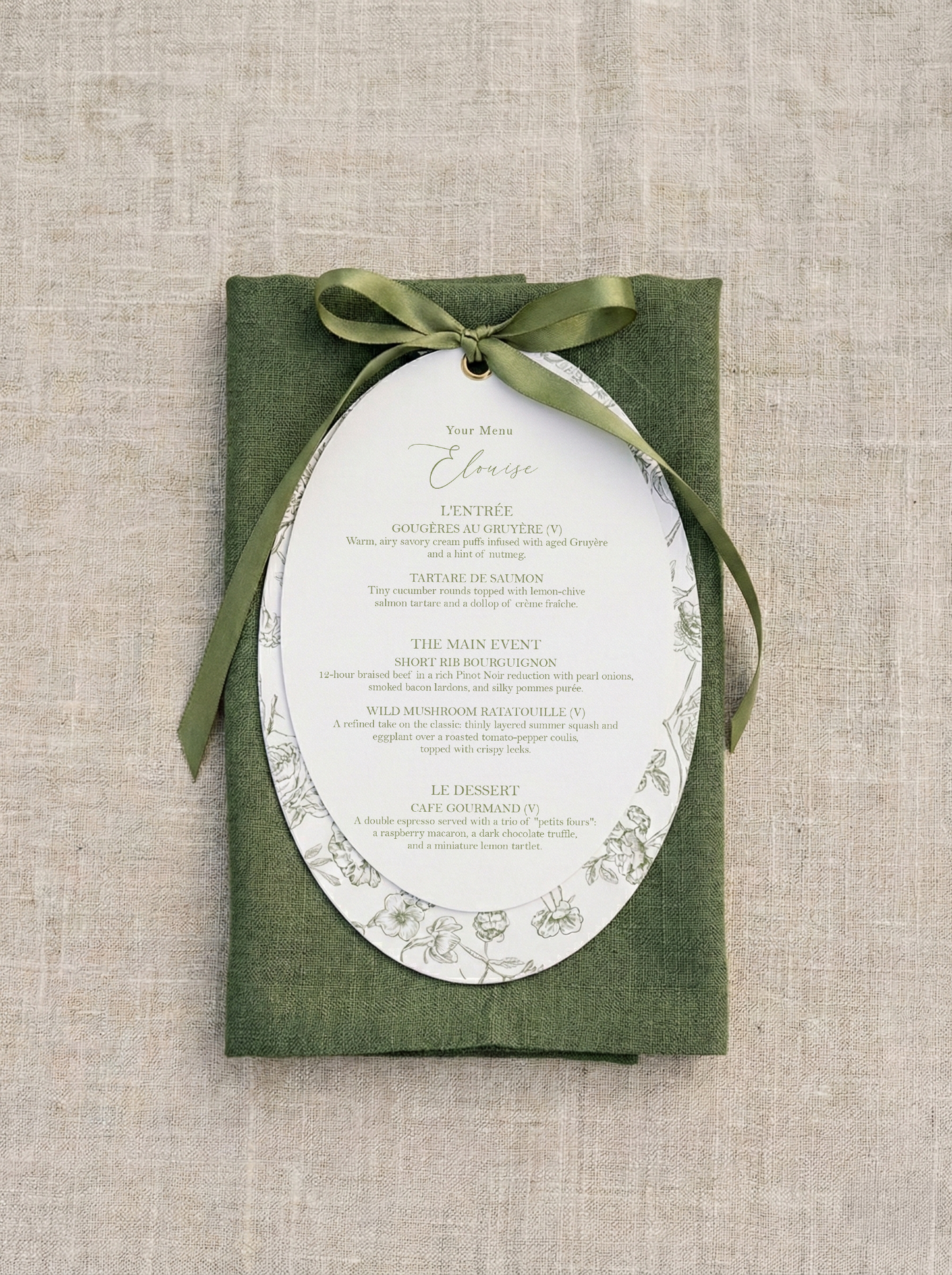 Sage Green Satin Oval Botanical Menu