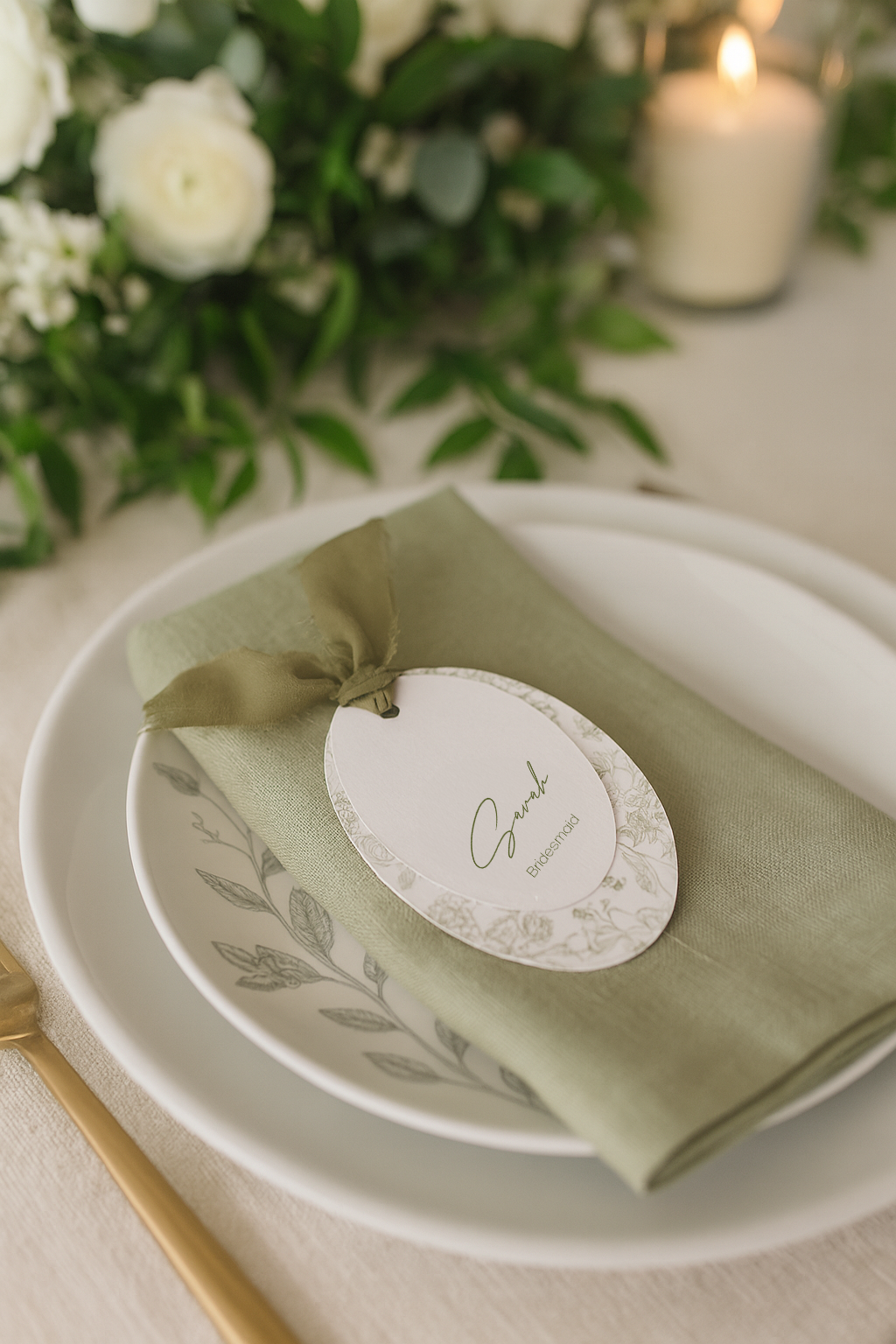 Sage Green and White Botanical Wedding Place Cards
