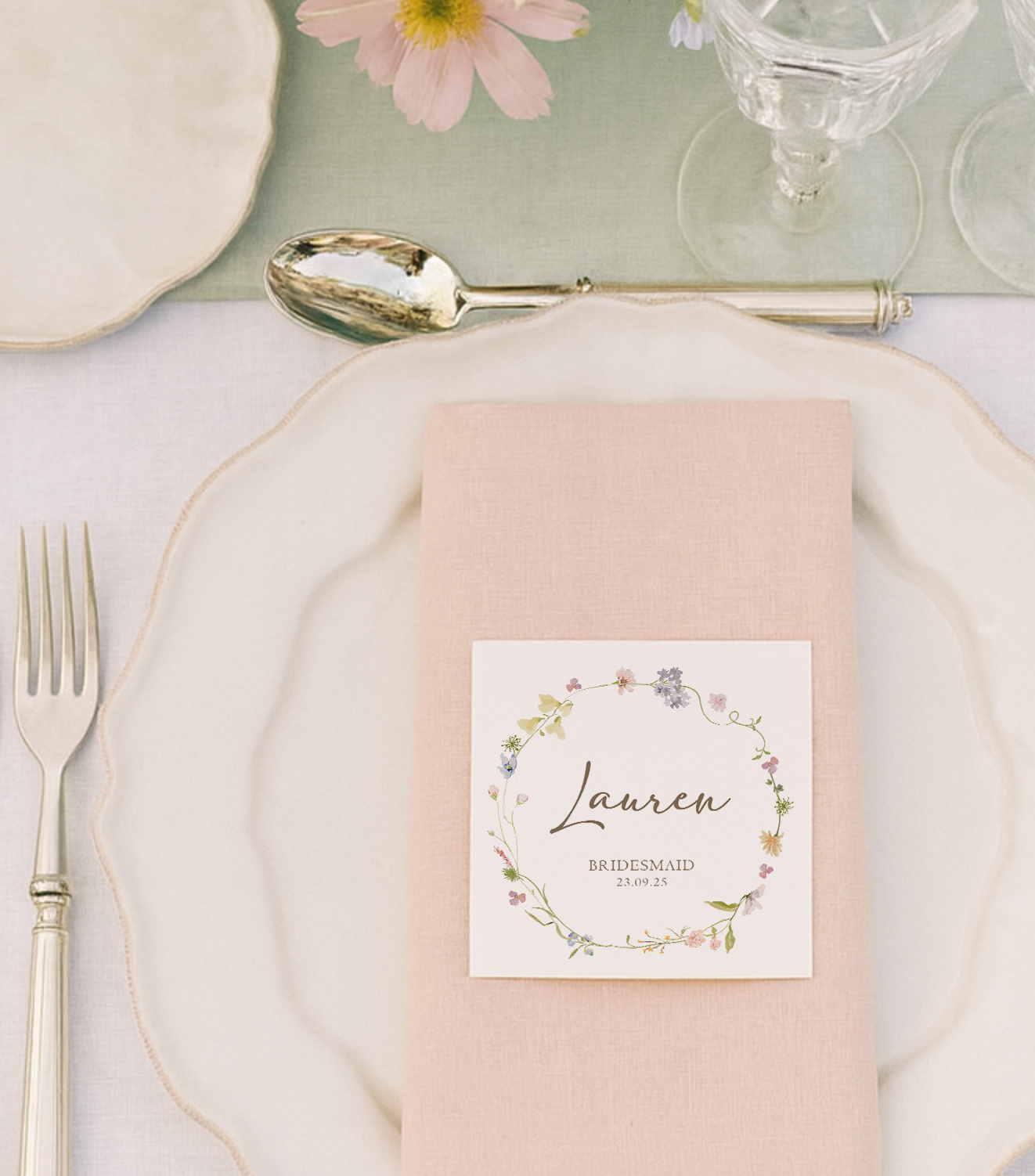Square Wreath Meadow Place Name Card