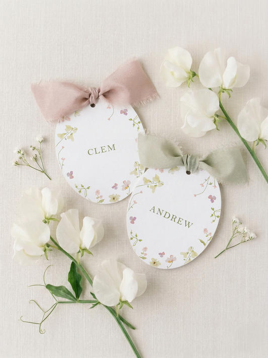A Wildflower Oval Wedding Place Card with Pure Silk Ribbon
