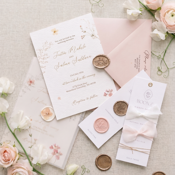A styled flat-lay of a wedding invitation suite on a textured beige fabric background, decorated with white and blush pink roses. The set includes a white floral invitation card with gold script, a blush pink envelope, a white card with a pale pink bow, wax seals, and a small card reading 'Moonfairi' with a gold seal.