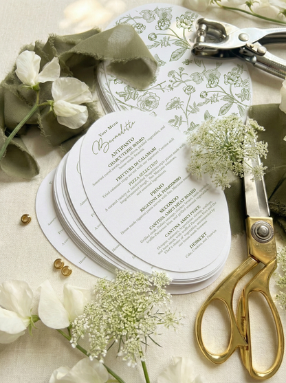 Moss Green Chiffon Oval Botanical Menu