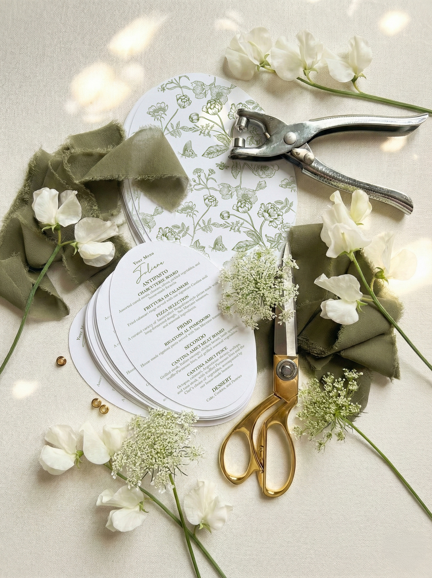 Moss Green Chiffon Oval Botanical Menu