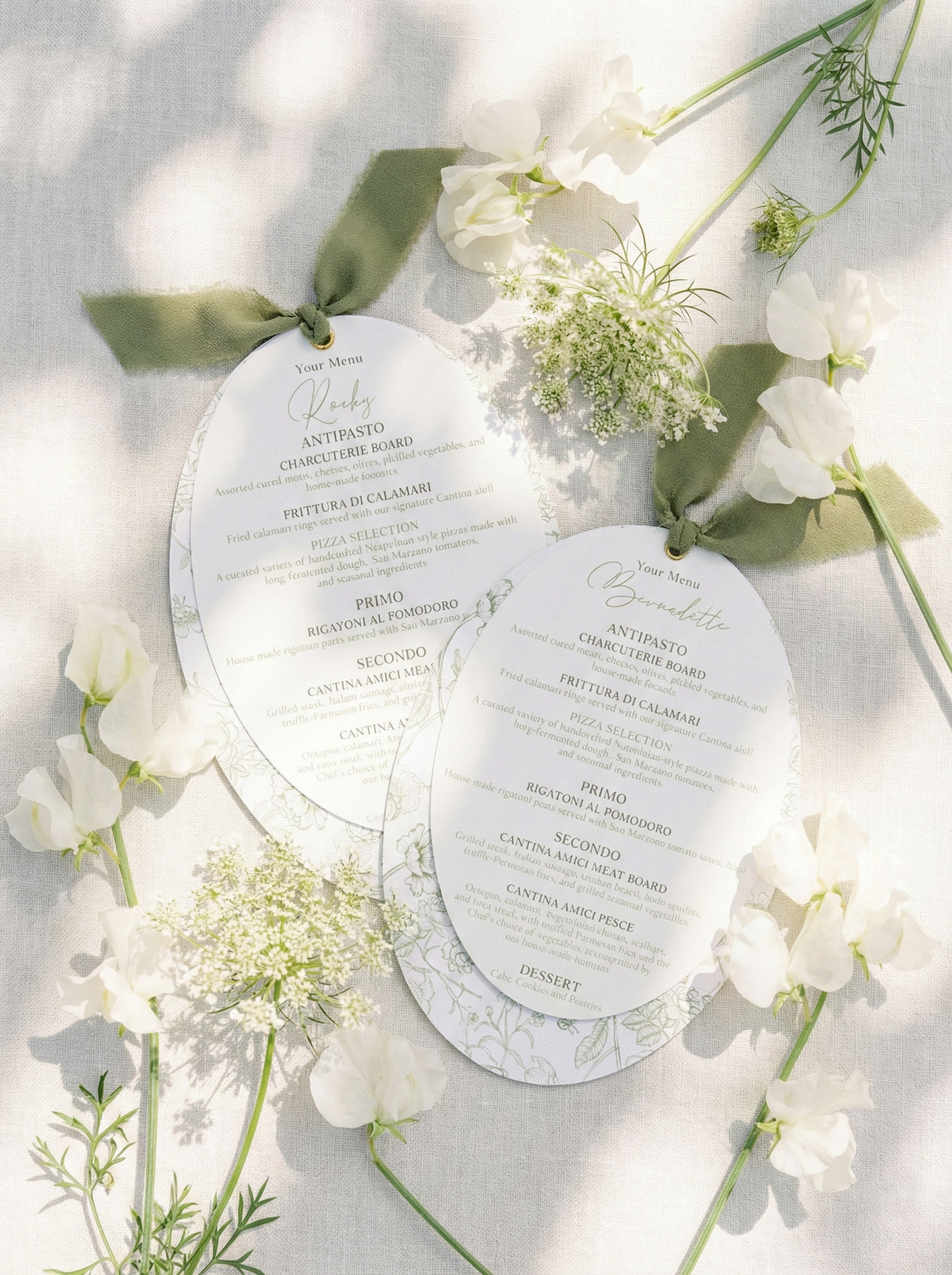 Moss Green Chiffon Oval Botanical Menu