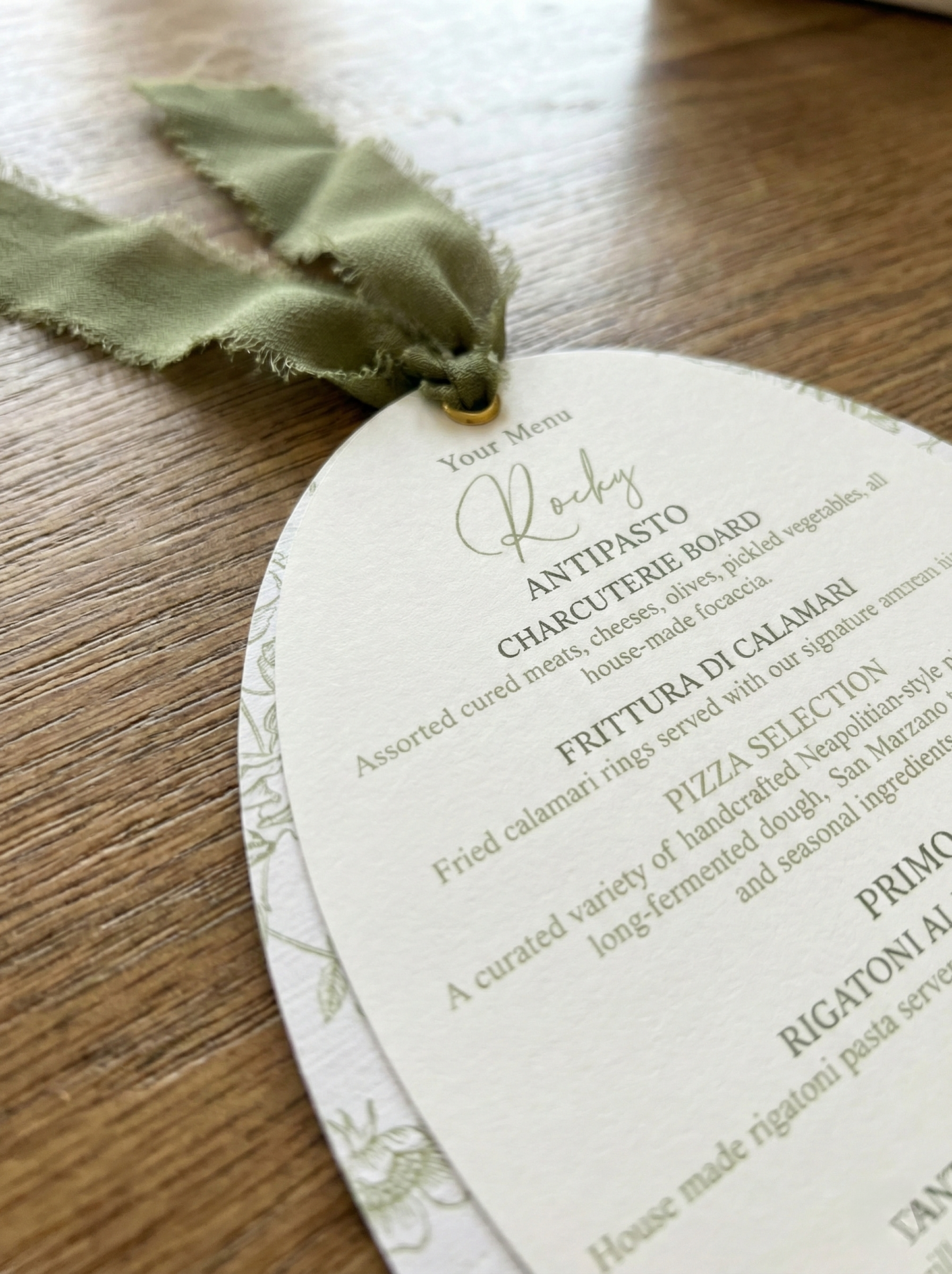 Moss Green Chiffon Oval Botanical Menu
