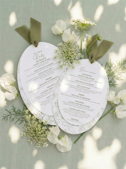 Moss Green Chiffon Oval Botanical Menu