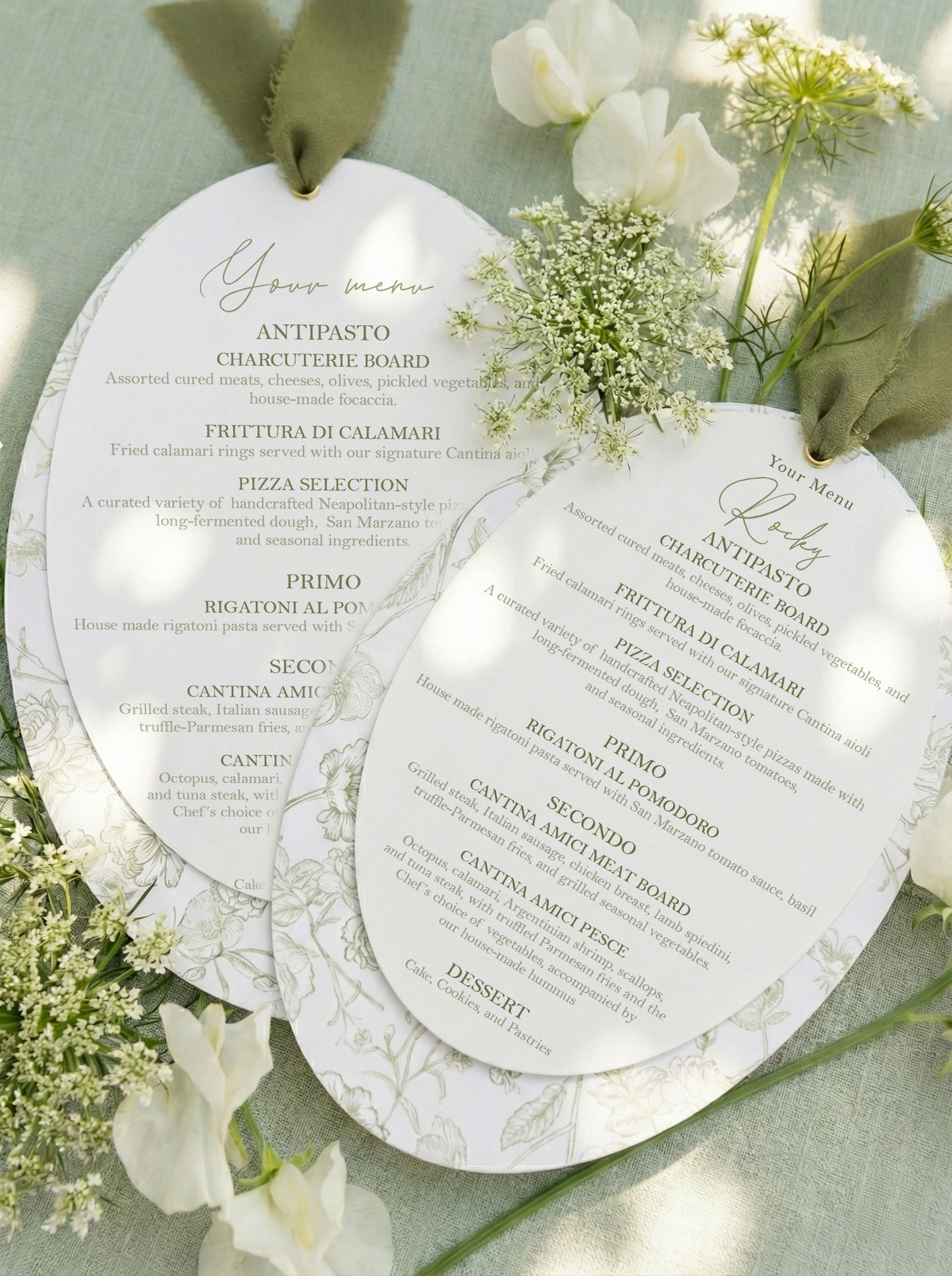 Moss Green Chiffon Oval Botanical Menu