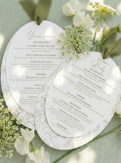 Moss Green Chiffon Oval Botanical Menu