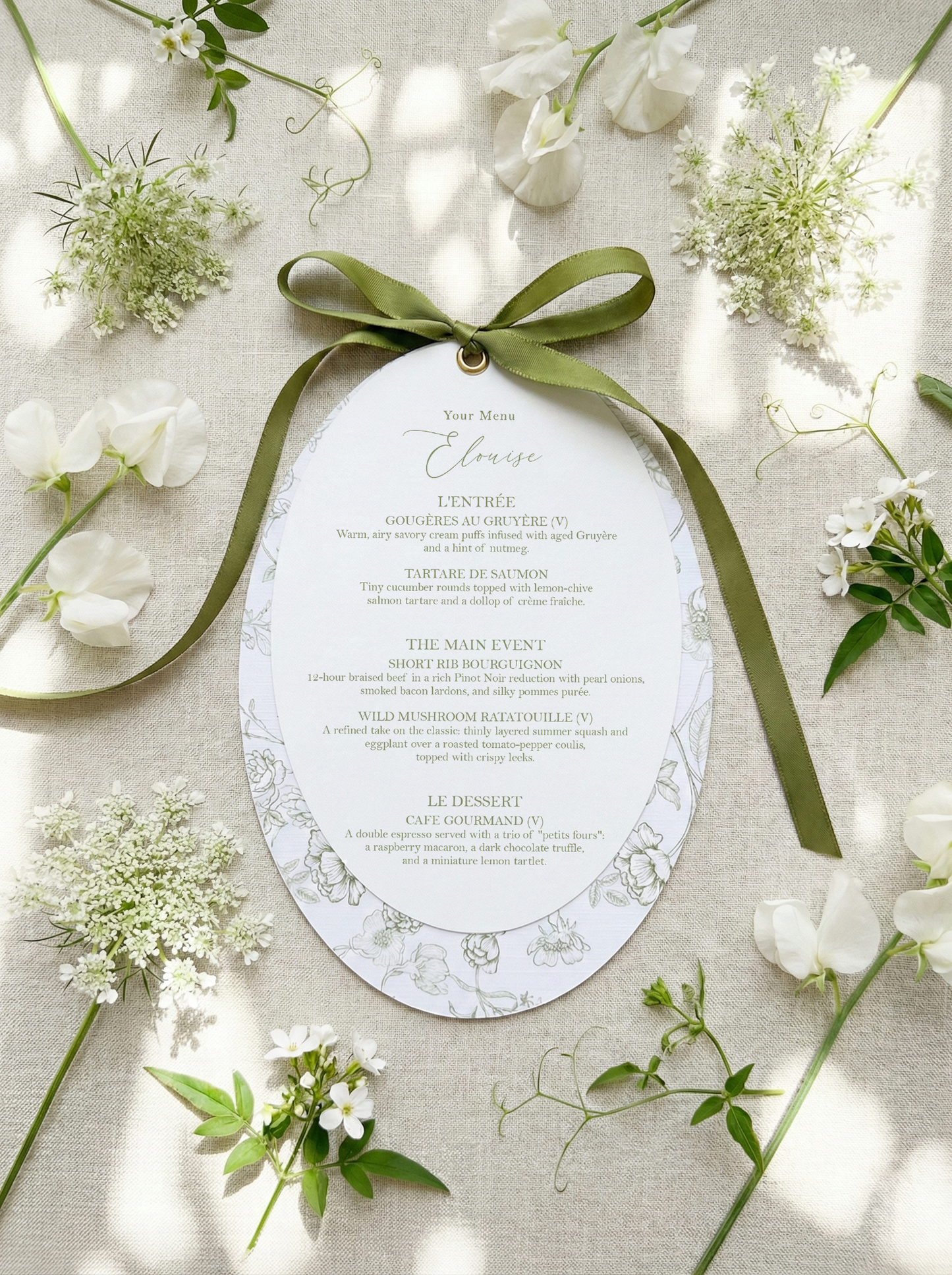 Sage Green Satin Oval Botanical Menu
