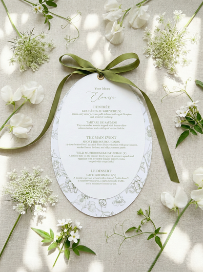 Sage Green Satin Oval Botanical Menu