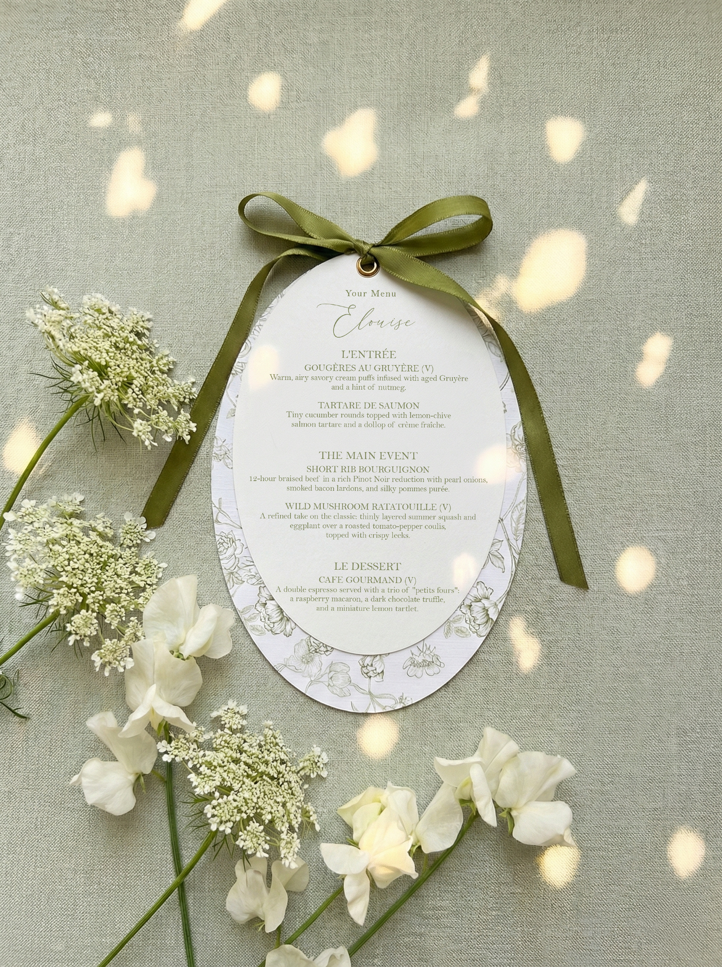Sage Green Satin Oval Botanical Menu