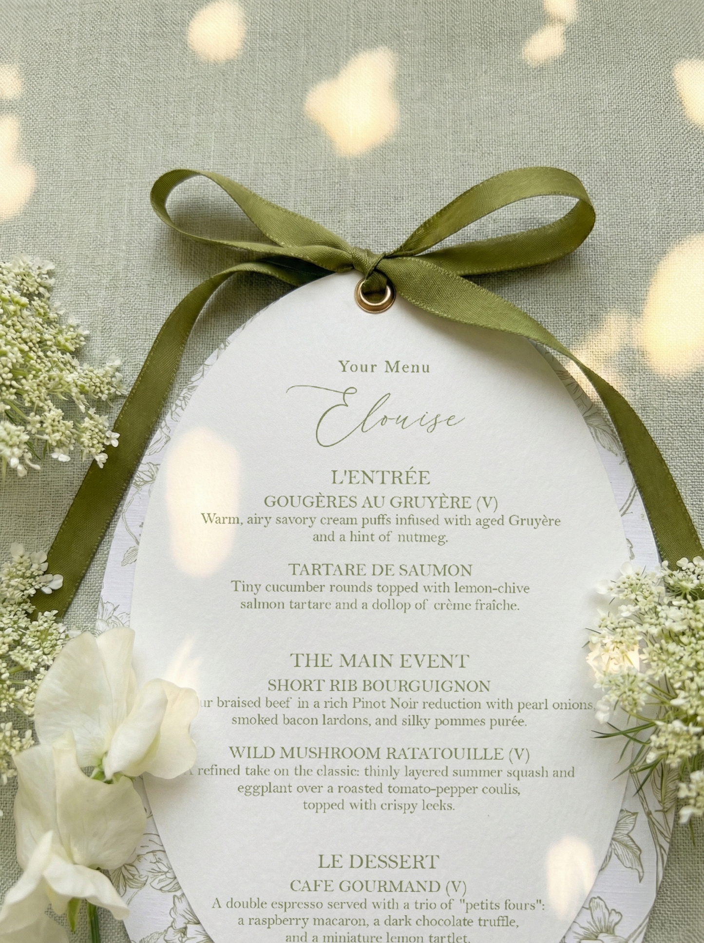 Sage Green Satin Oval Botanical Menu
