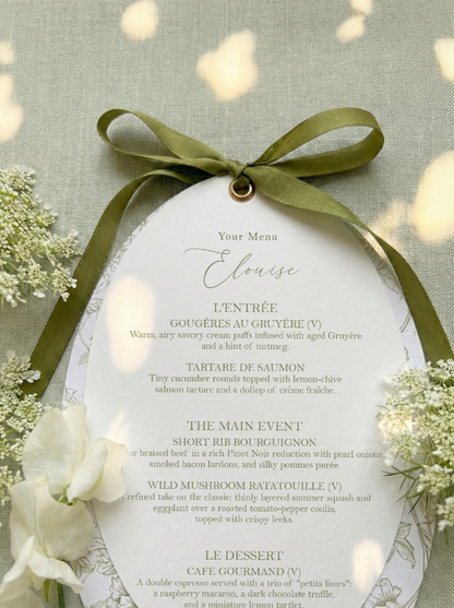 Sage Green Satin Oval Botanical Menu