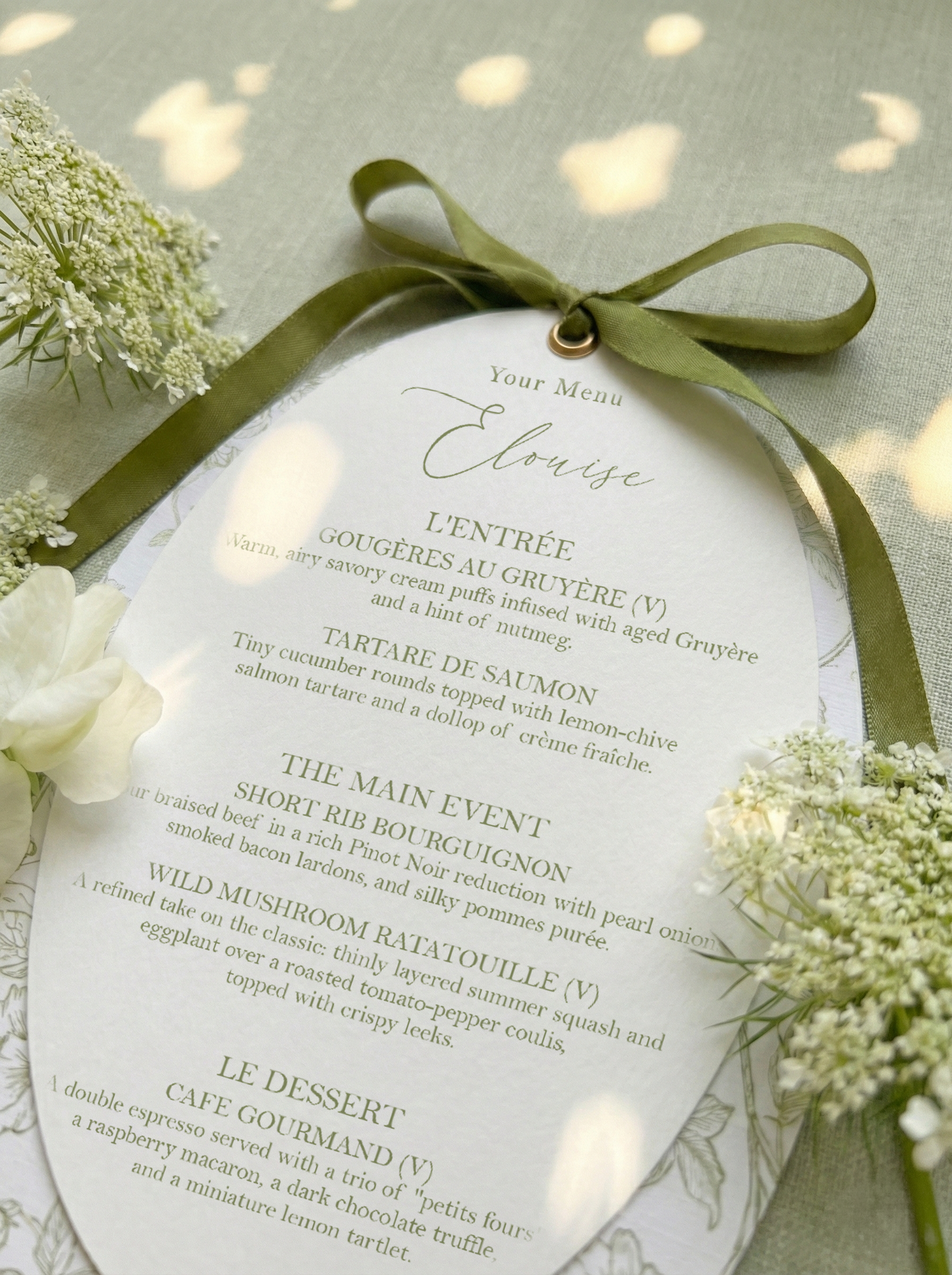 Sage Green Satin Oval Botanical Menu