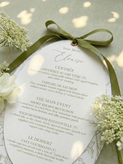 Sage Green Satin Oval Botanical Menu